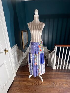 Boho Lucia Lukken broomstick skirt small vintage patchwork blue cottage S432